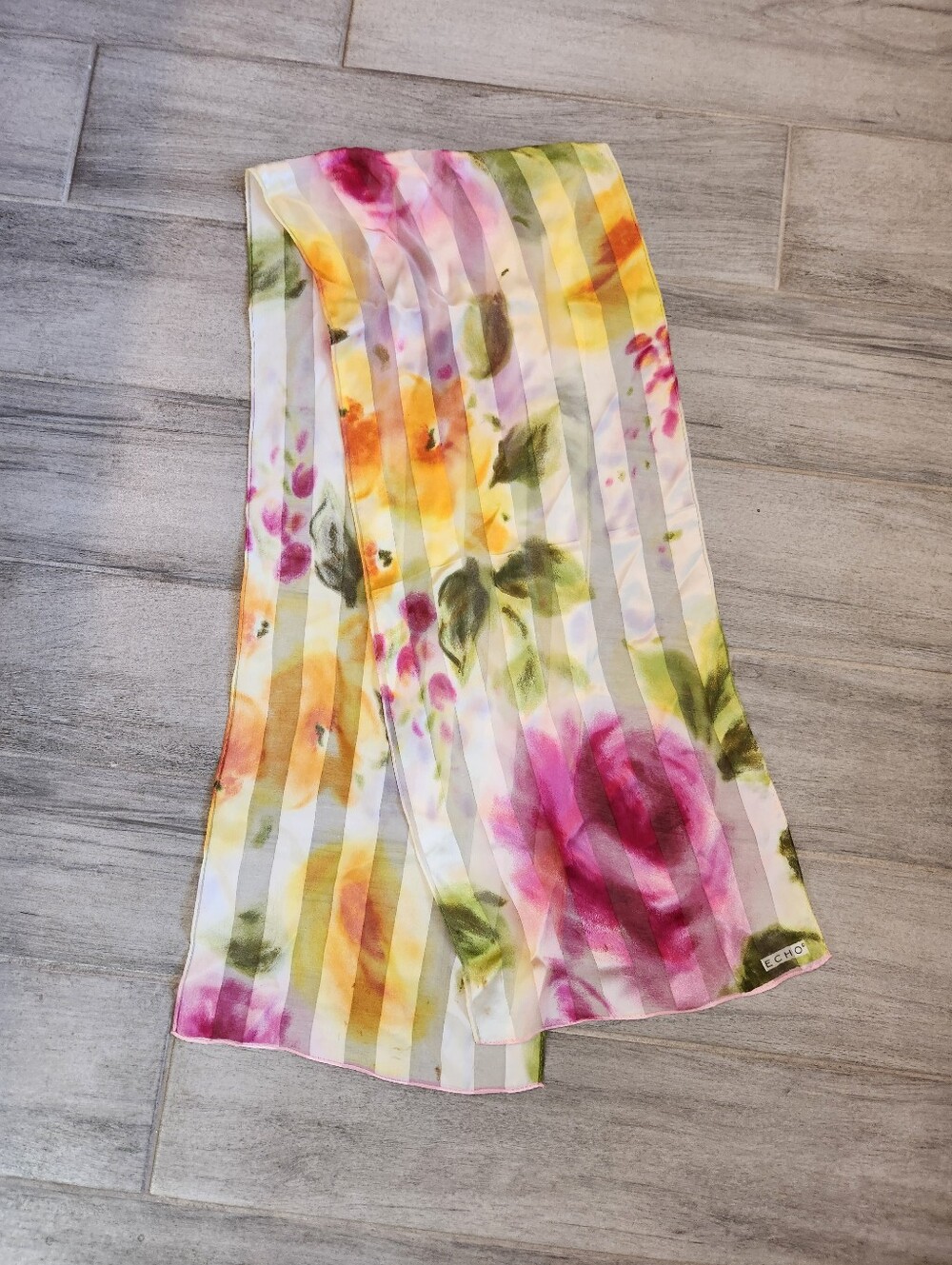 Echo Scarf Silk Pink Yellow Blured Floral Striped Sheer Wrist Bag Hair Neck Art